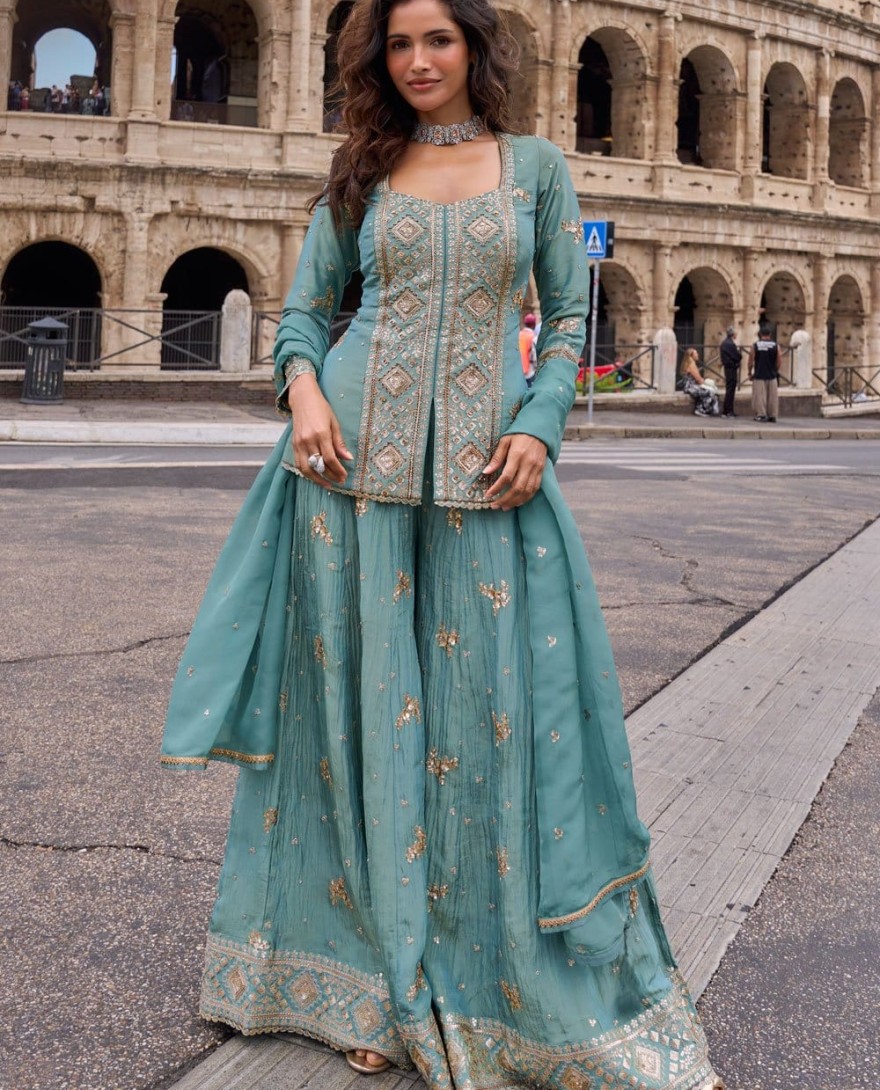 BLUE - Embroidered and Sequins Work Silk Salwar Suit In Aqua Blue Colour